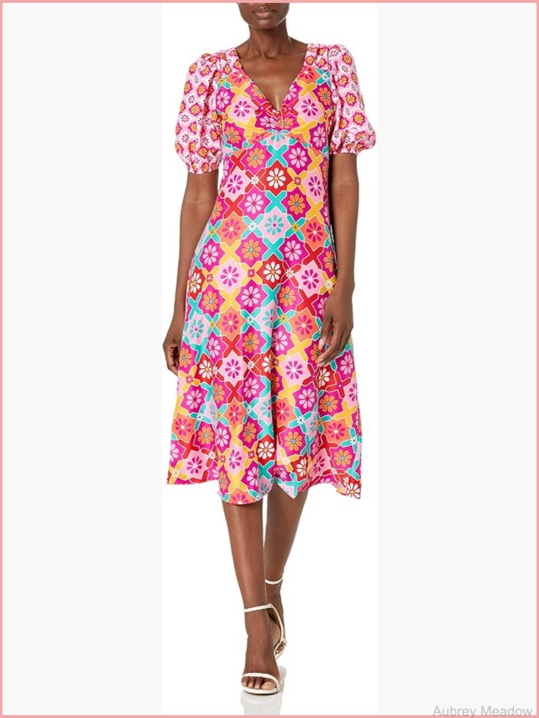 V-Neck Midi Dress With Puff Sleeves A-Line Zipper Closure